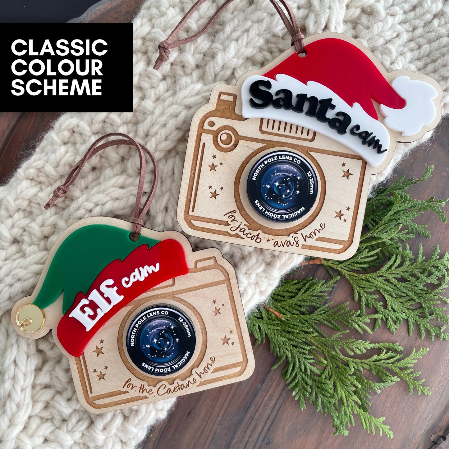 Personalized Santa + Elf Cam Ornament Tag