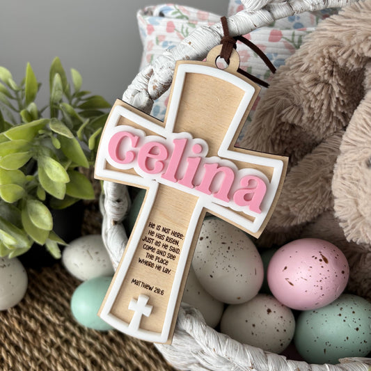 MODERN CROSS w DOUBLE LAYER NAME - EASTER TAG