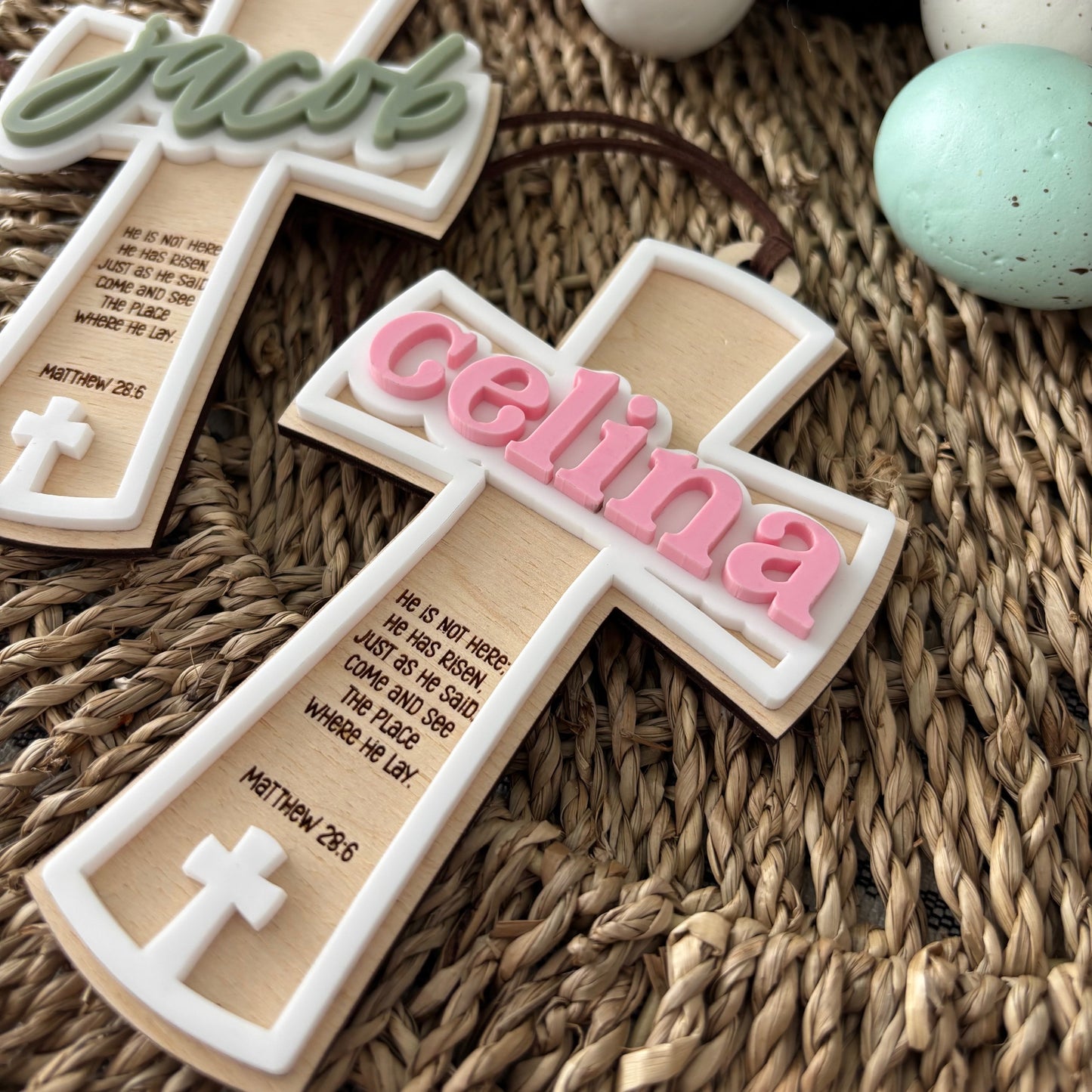 MODERN CROSS w DOUBLE LAYER NAME - EASTER TAG