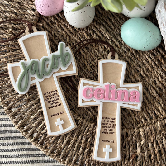 MODERN CROSS w DOUBLE LAYER NAME - EASTER TAG