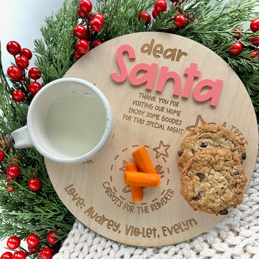 Round Personalized Wood +Acrylic Santa Milk & Cookie Tray