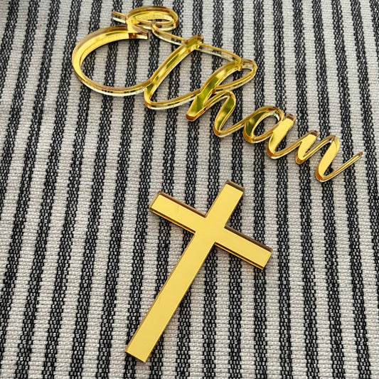 Acrylic Name w/ Cross - Cake Topper