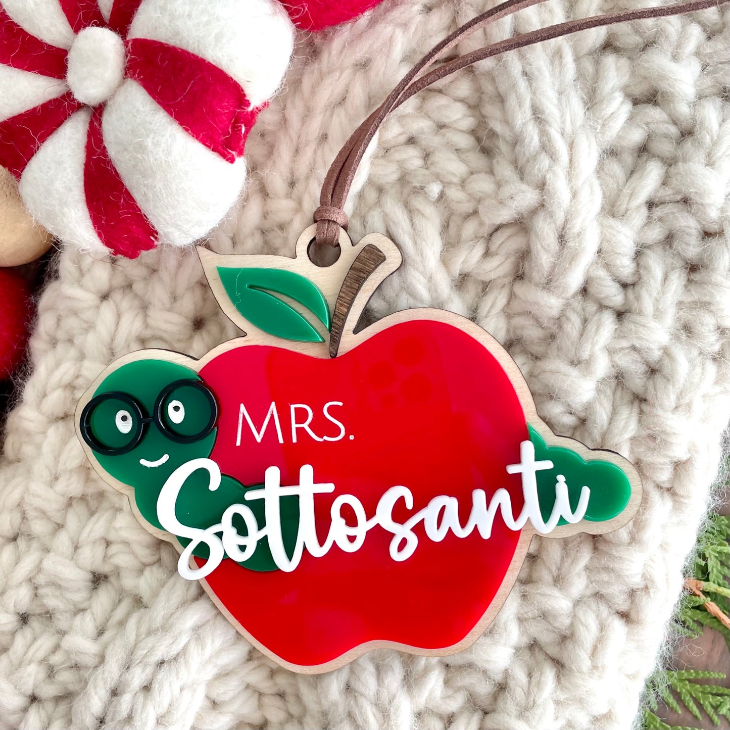 Teacher Worm Apple Ornament / Stocking or Gift Tag