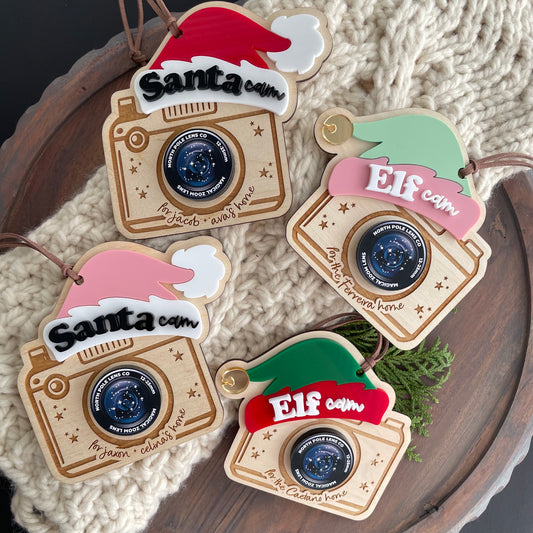 Personalized Santa + Elf Cam Ornament Tag