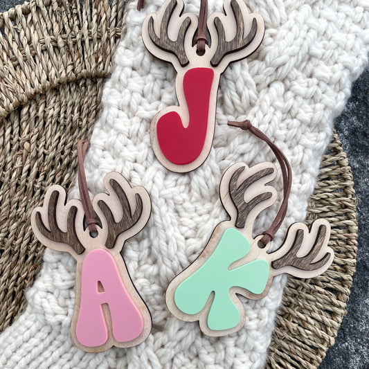 Personalized Initial with Antlers Ornament / Stocking or Gift Tag
