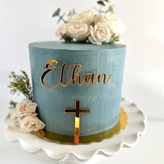 Acrylic Name w/ Cross - Cake Topper